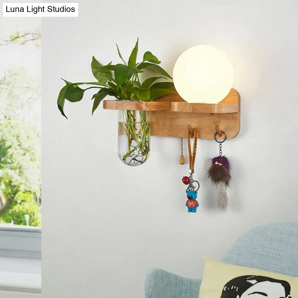 Geometric Wall Sconce Art Deco 1 Head Light With Plant Container And Wooden Shelf - Cream Glass