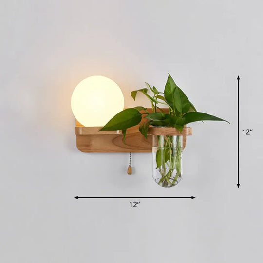 Geometric Wall Sconce Art Deco 1 Head Light With Plant Container And Wooden Shelf - Cream Glass Wood