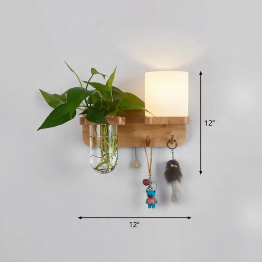 Geometric Wall Sconce Art Deco 1 Head Light With Plant Container And Wooden Shelf - Cream Glass Wood