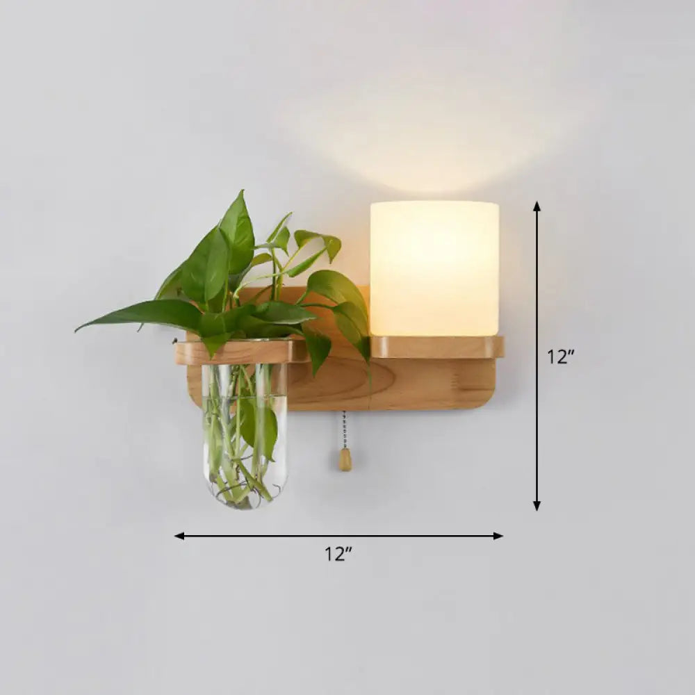 Geometric Wall Sconce Art Deco 1 Head Light With Plant Container And Wooden Shelf - Cream Glass Wood