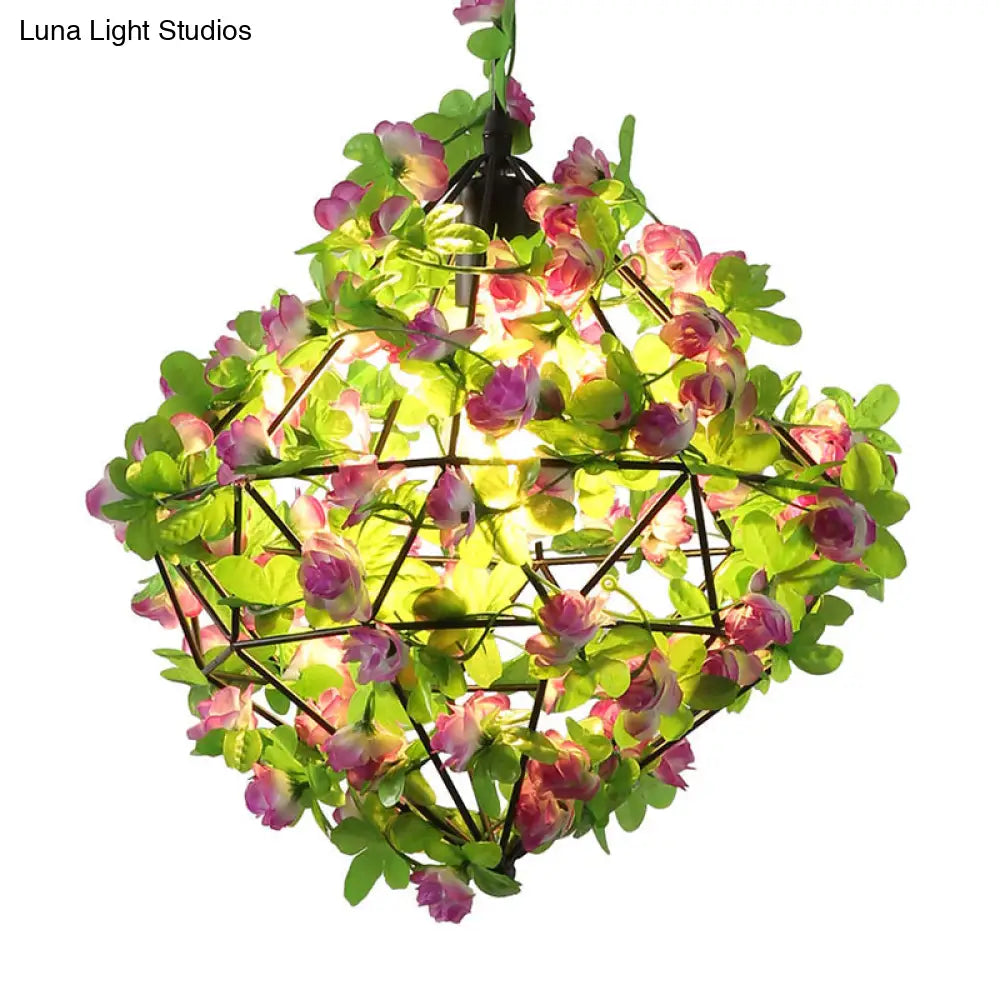 Geometric Wire Cage Pendant Lamp For Retro Restaurant Plant Decor In Black