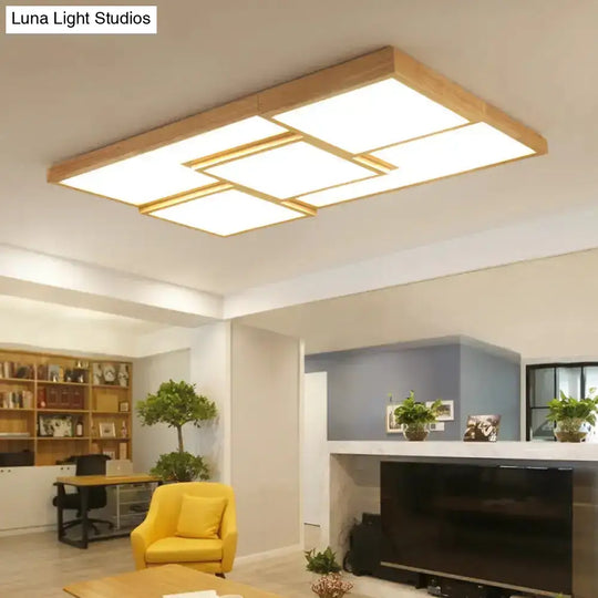 Geometric Wooden Flush Light - Modern Beige Led Fixture For Living Room Ceiling