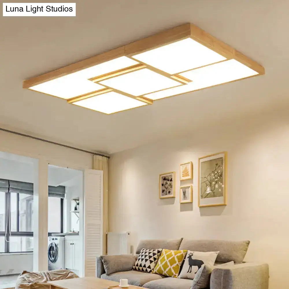 Geometric Wooden Flush Light - Modern Beige Led Fixture For Living Room Ceiling