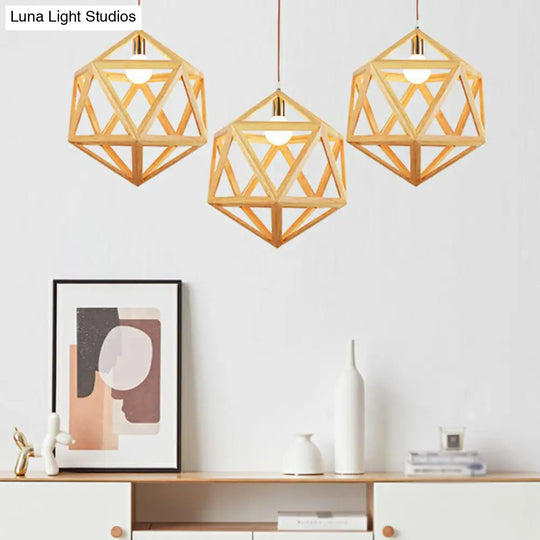 Geometric Wooden Cage Pendant Lamp - Minimalist Single Ceiling Light For Restaurants