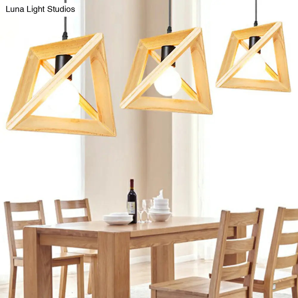 Geometric Wooden Cage Pendant Lamp - Minimalist Single Ceiling Light For Restaurants