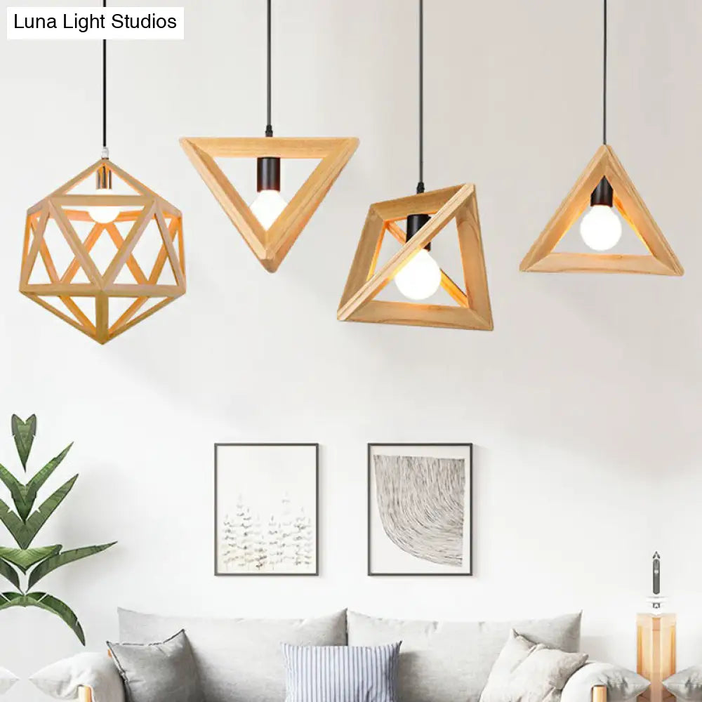 Geometric Wooden Cage Pendant Lamp - Minimalist Single Ceiling Light For Restaurants