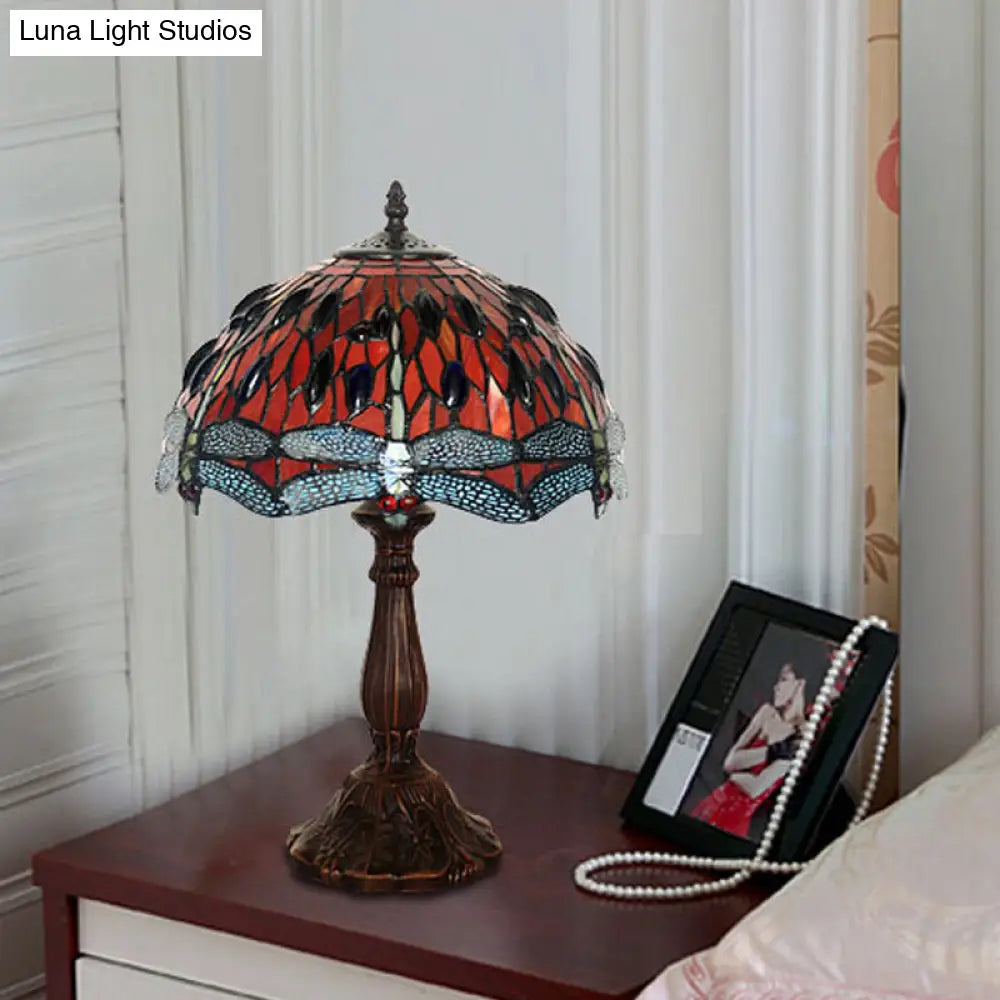 Laburnum Tiffany Nightstand Lamp With Red Glass Shade And Cabochons In Bronze