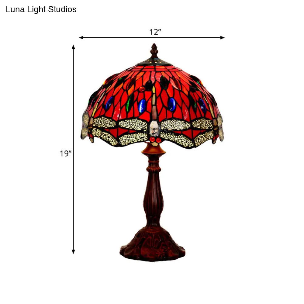 Laburnum Tiffany Nightstand Lamp With Red Glass Shade And Cabochons In Bronze