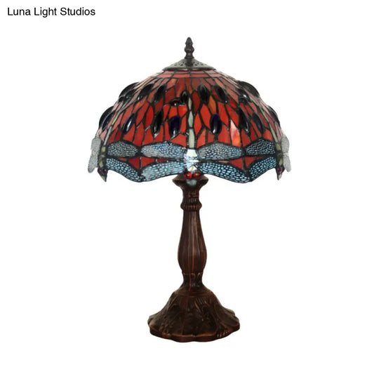 Laburnum Tiffany Nightstand Lamp With Red Glass Shade And Cabochons In Bronze