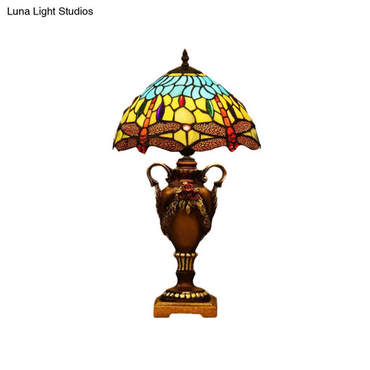 Victorian Stained Art Glass Desk Lamp - 1 Head Dragonfly Pattern Night Table Light In Blue/Green