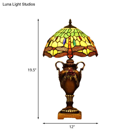 Victorian Stained Art Glass Desk Lamp - 1 Head Dragonfly Pattern Night Table Light In Blue/Green