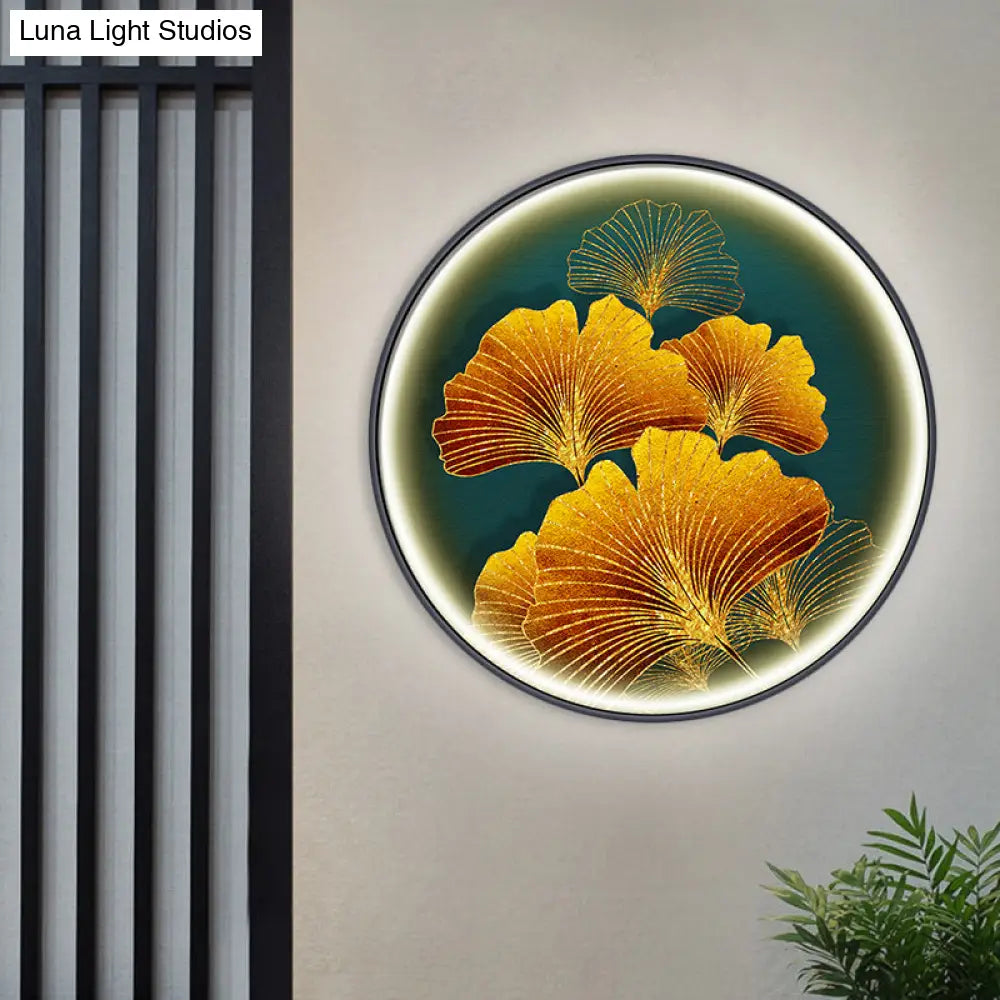 Ginkgo Leaf Asian Wall Sconce With Led Light In Yellow/Green