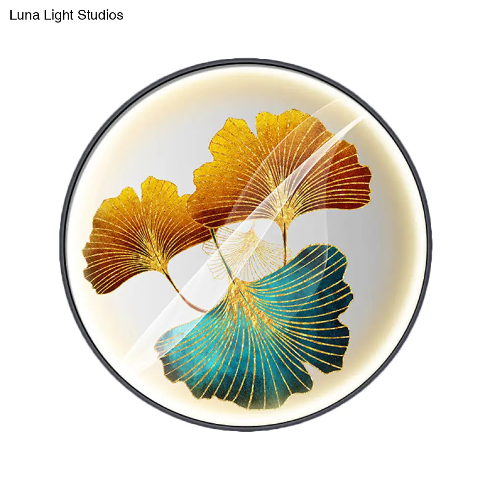 Ginkgo Leaf Asian Wall Sconce With Led Light In Yellow/Green