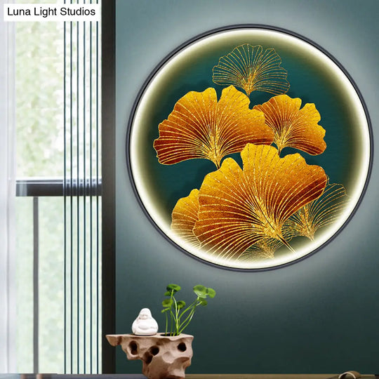 Ginkgo Leaf Asian Wall Sconce With Led Light In Yellow/Green