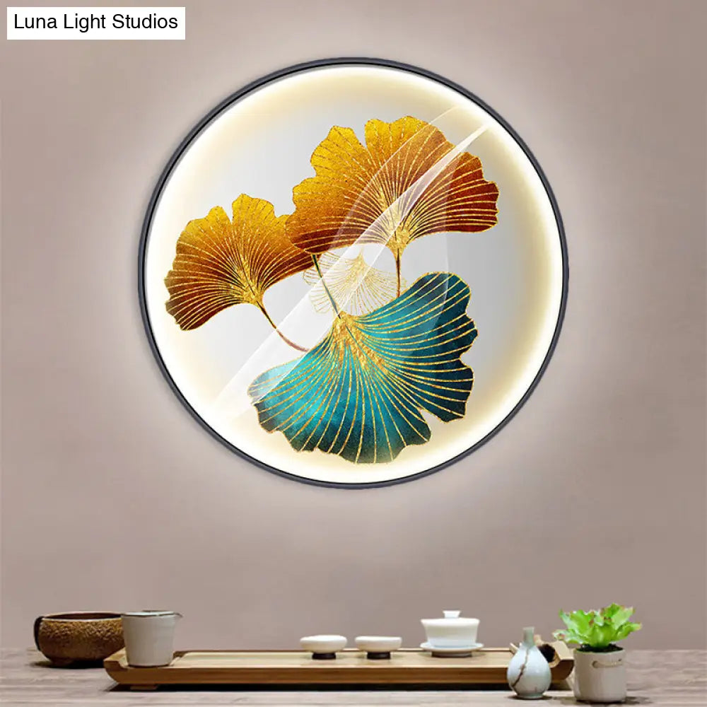 Ginkgo Leaf Asian Wall Sconce With Led Light In Yellow/Green