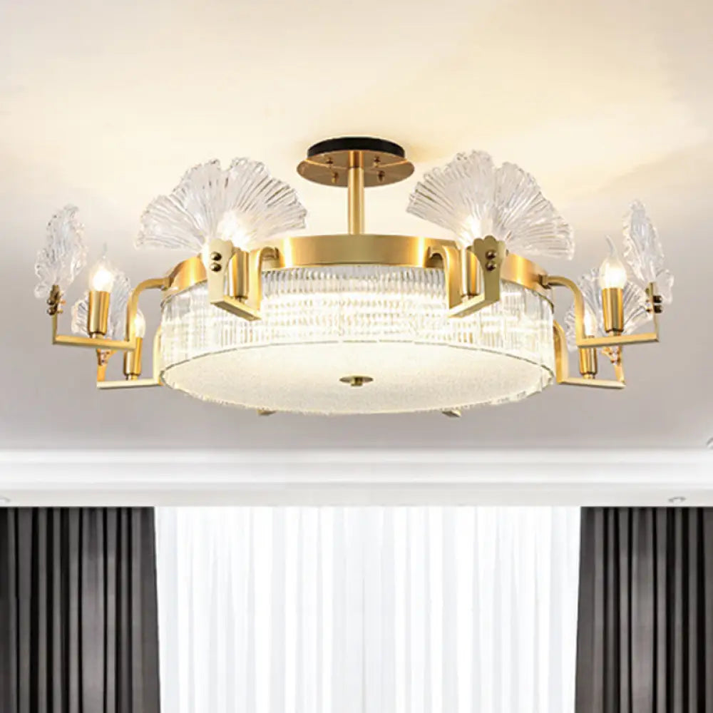 Ginkgo Leaf Shaped Chandelier Gold Pendant Light Fixture With Ribbed Glass For Living Room / Large