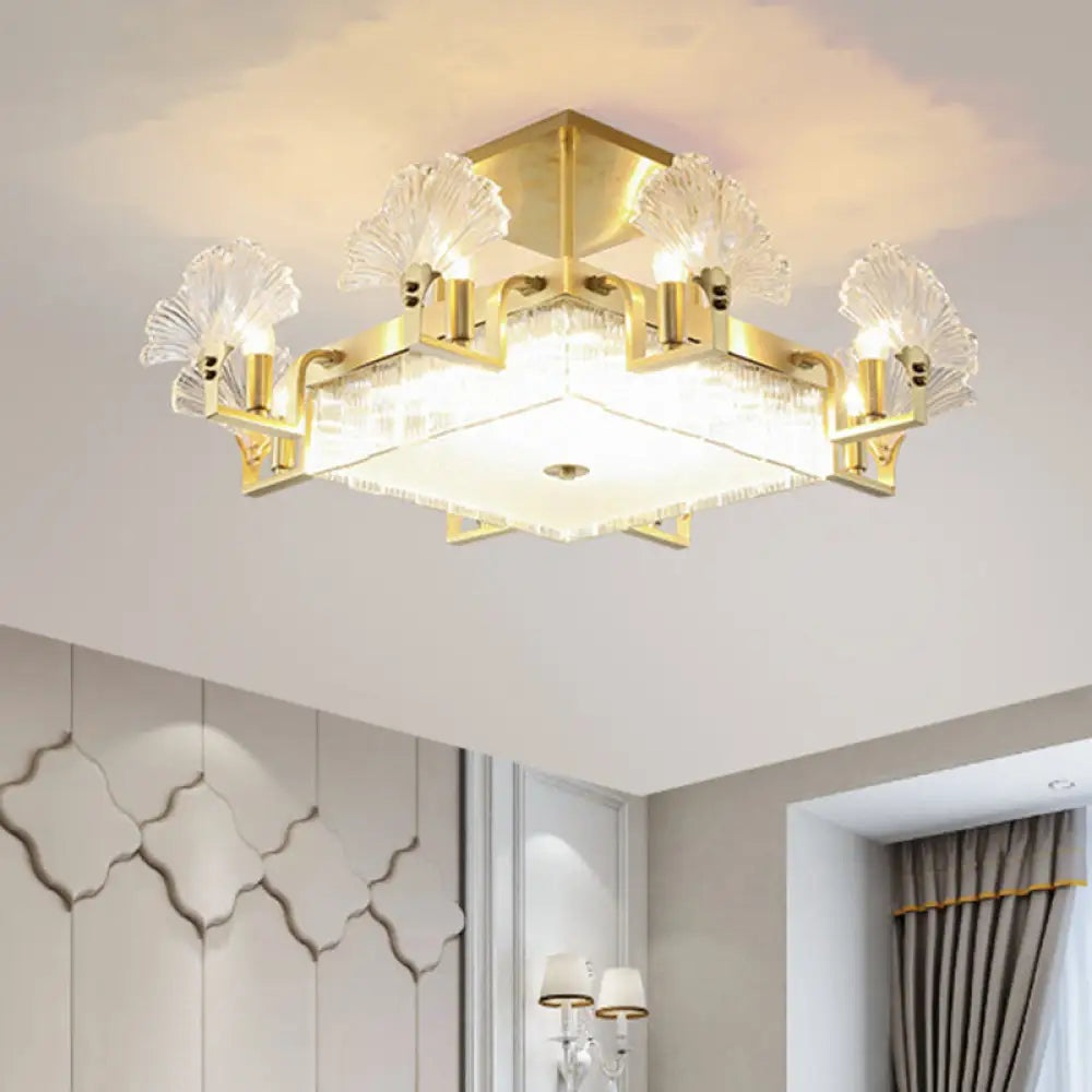 Ginkgo Leaf Shaped Chandelier Gold Pendant Light Fixture With Ribbed Glass For Living Room / Large