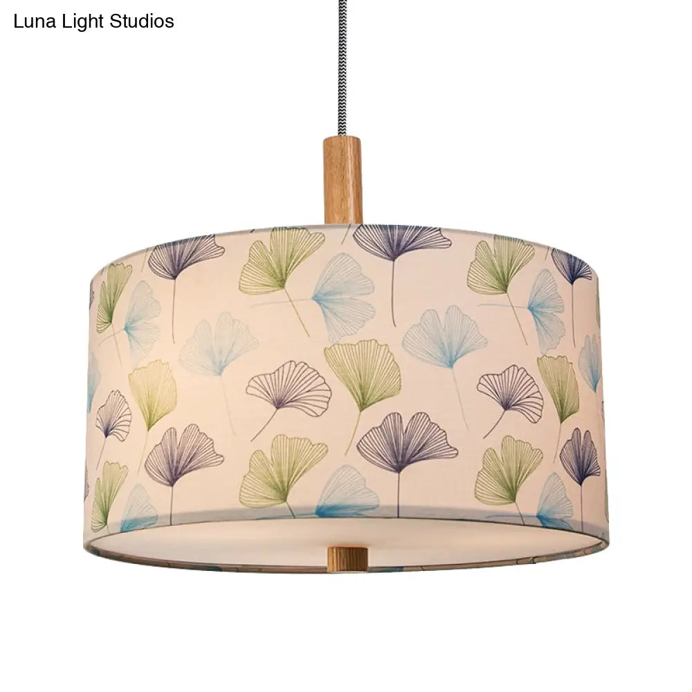 Ginkgo Leaves Suspension Light - Countryside White Drum Ceiling Pendant Lamp