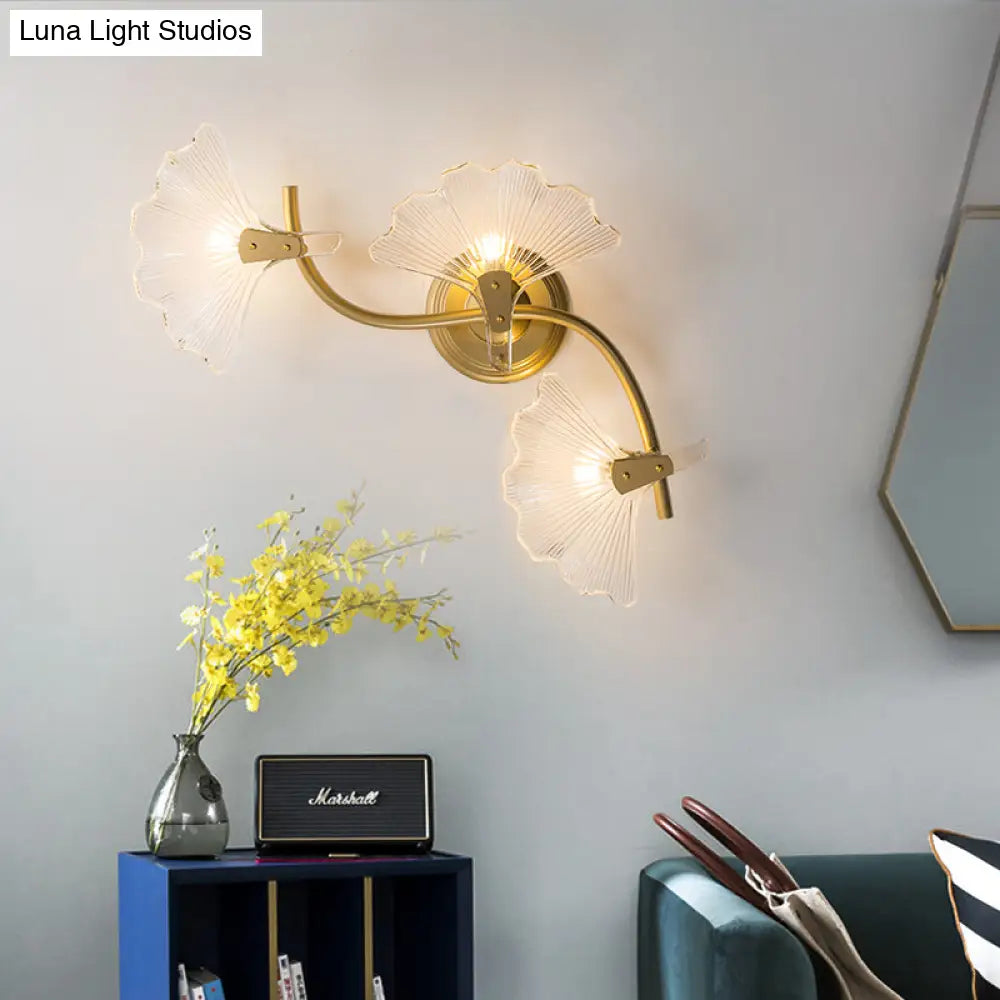 Ginkgo Leaves Wall Light - Modern Decorative Clear Glass Sconce Lighting In Brass