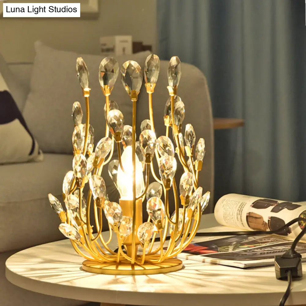 1 Gold Table Lamp With Swirled Arm Crystal Teardrops: Contemporary Bedchamber Night Light