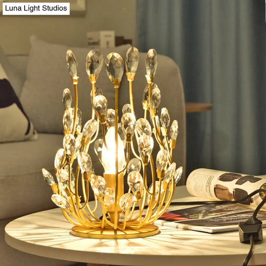 1 Gold Table Lamp With Swirled Arm Crystal Teardrops: Contemporary Bedchamber Night Light