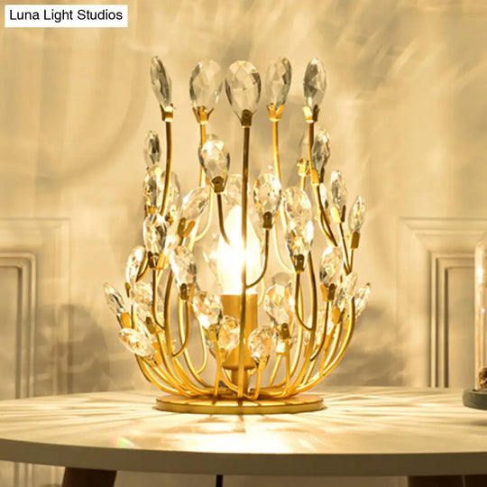 1 Gold Table Lamp With Swirled Arm Crystal Teardrops: Contemporary Bedchamber Night Light