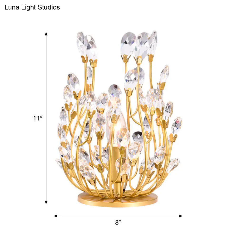 1 Gold Table Lamp With Swirled Arm Crystal Teardrops: Contemporary Bedchamber Night Light