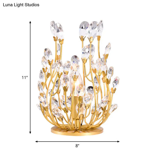 1 Gold Table Lamp With Swirled Arm Crystal Teardrops: Contemporary Bedchamber Night Light