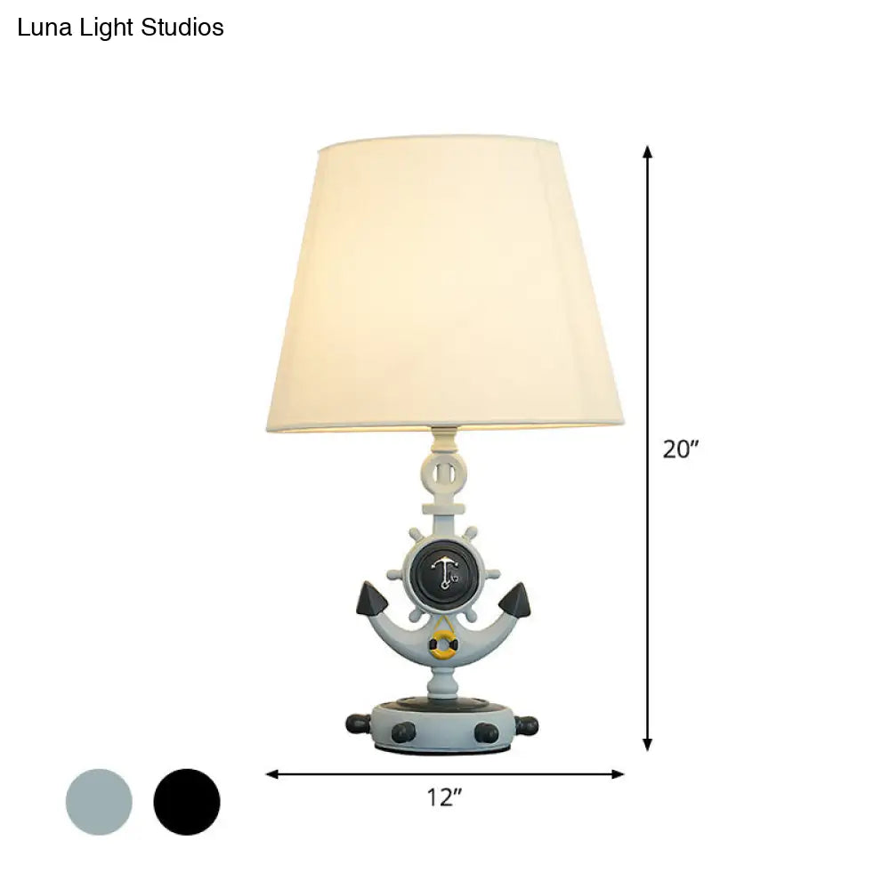 Kids Anchor Base Desk Lamp With White Fabric Shade - Black/Blue 1 Head Resin Task Lighting