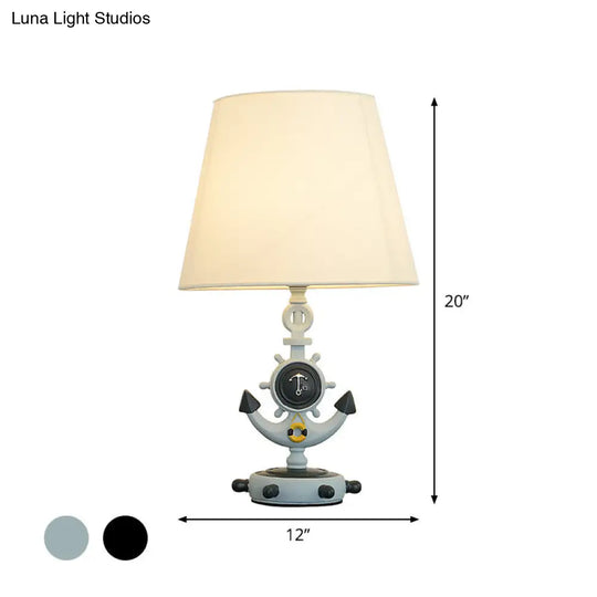 Kids Anchor Base Desk Lamp With White Fabric Shade - Black/Blue 1 Head Resin Task Lighting