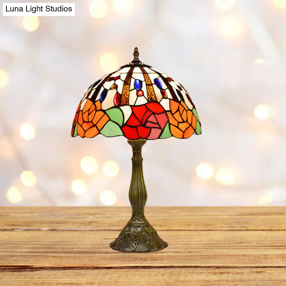 Victorian Flower Table Lamp - Red/Orange Stained Glass Nightstand Light For Bedroom