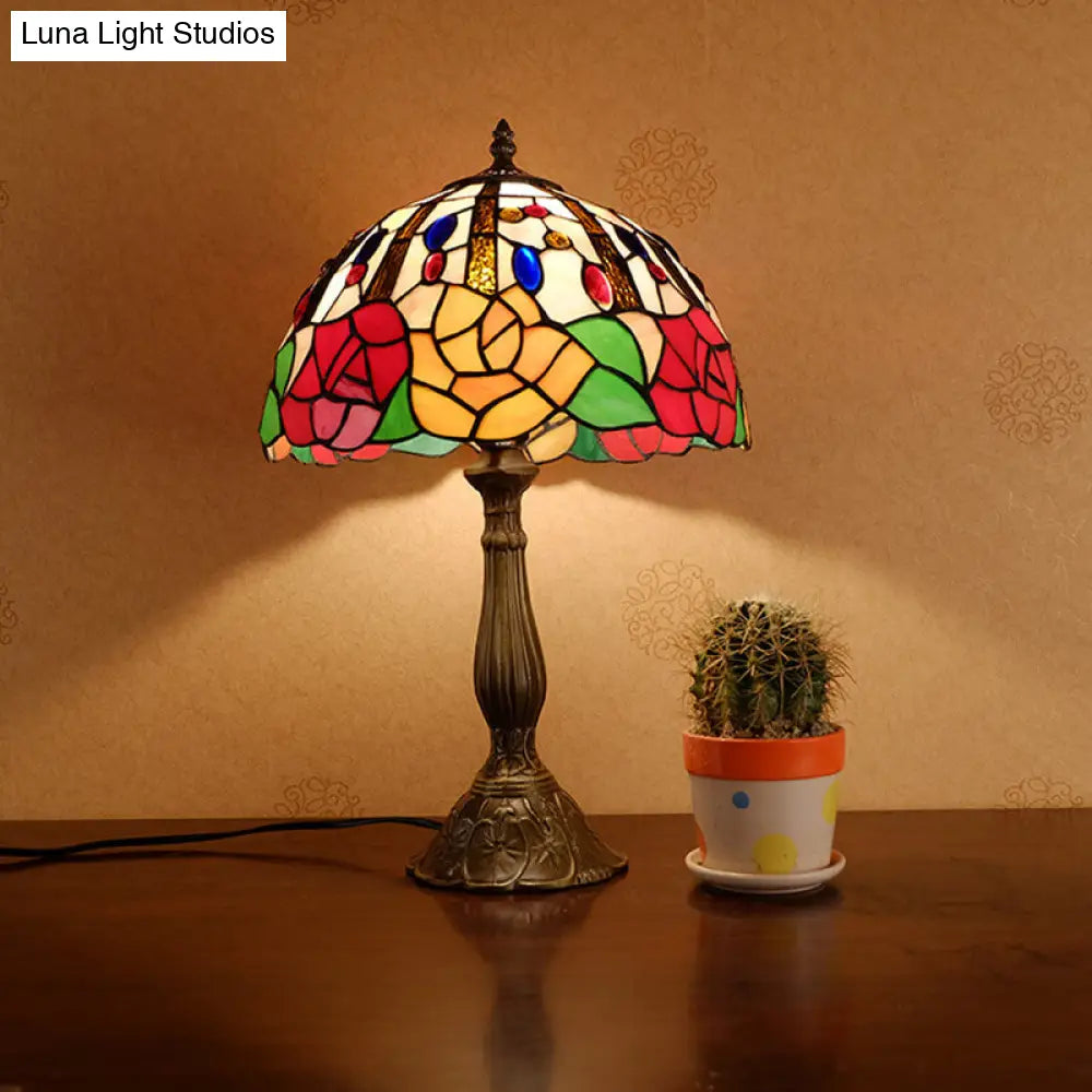 Victorian Flower Table Lamp - Red/Orange Stained Glass Nightstand Light For Bedroom