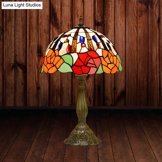 Victorian Flower Table Lamp - Red/Orange Stained Glass Nightstand Light For Bedroom Red