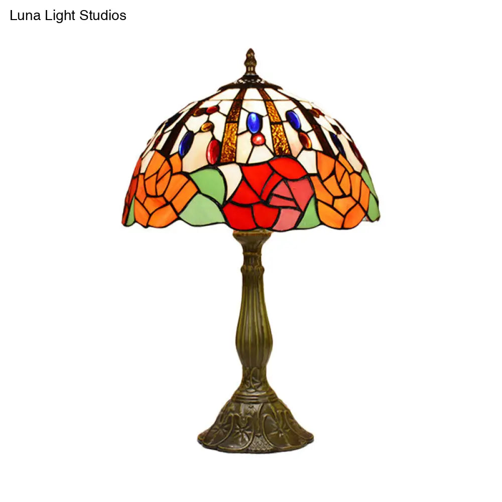 Victorian Flower Table Lamp - Red/Orange Stained Glass Nightstand Light For Bedroom