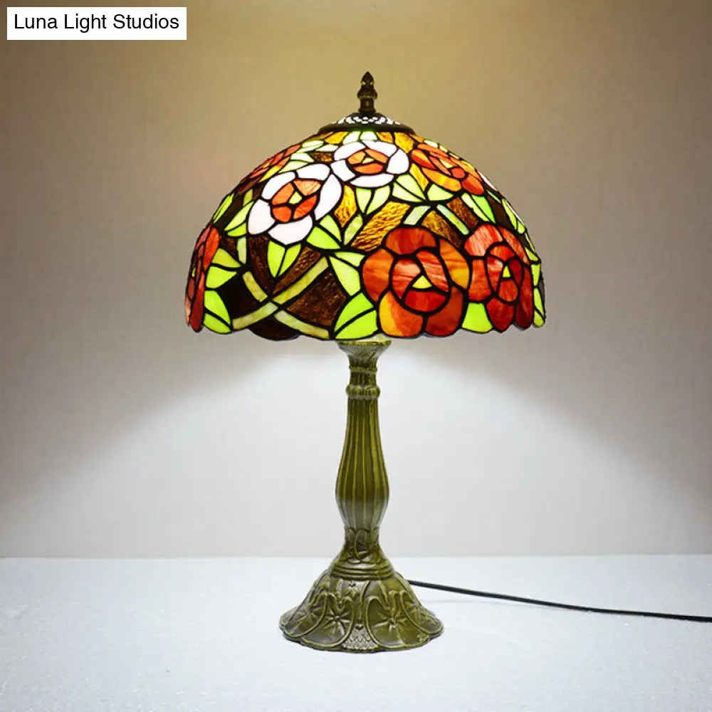 Victorian Flower Table Lamp - Red/Orange Stained Glass Nightstand Light For Bedroom Orange