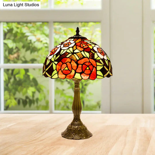 Victorian Flower Table Lamp - Red/Orange Stained Glass Nightstand Light For Bedroom