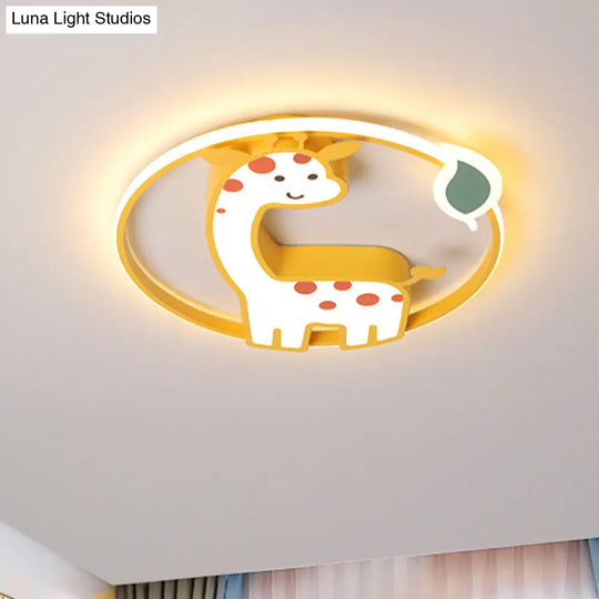 Giraffe Kids Ceiling Light Fixture - Iron Frame Led Yellow Flush Mount For Childrens Bedroom