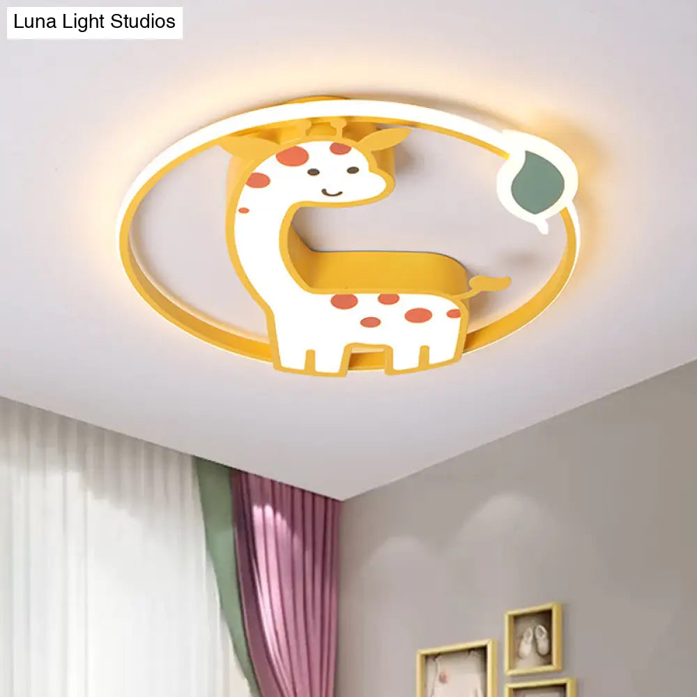 Giraffe Led Nursery Flush Mount Lamp - Cartoon Acrylic Ceiling Light In Yellow