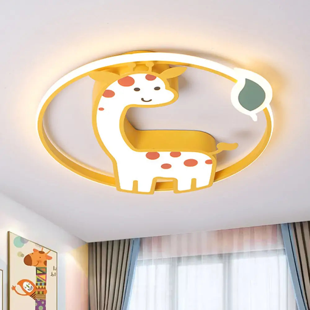 Giraffe Led Nursery Flush Mount Lamp - Cartoon Acrylic Ceiling Light In Yellow