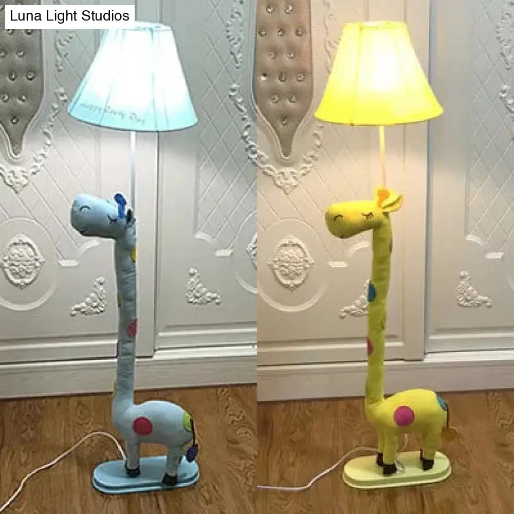 Giraffe Shaped Fabric Floor Lamp For Bedroom - Animal Design With Tapered Shade And 1 Light