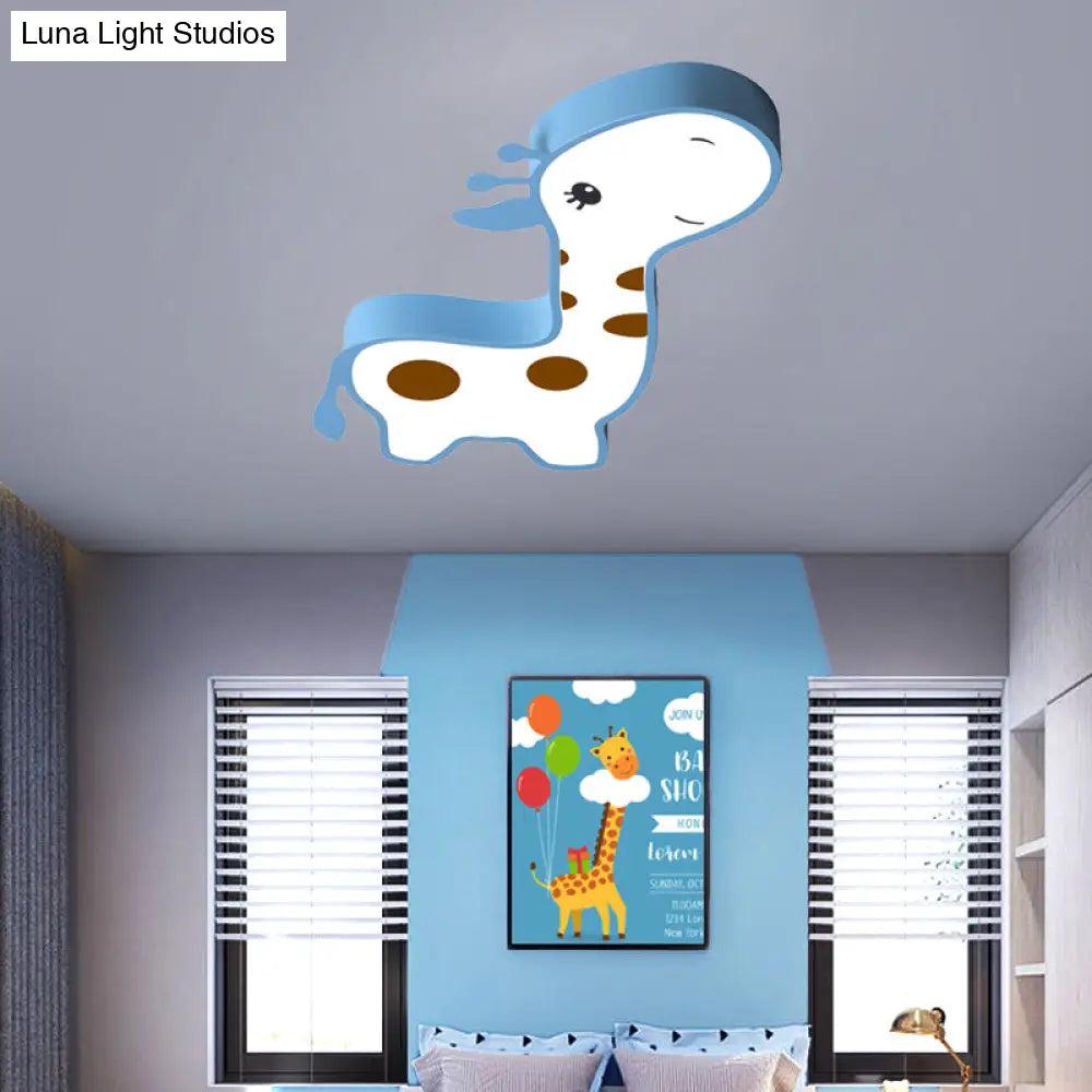 Giraffe Shaped Led Acrylic Flush Mount Lamp In Blue/Pink - Cartoon Style Light Fixture For Bedroom