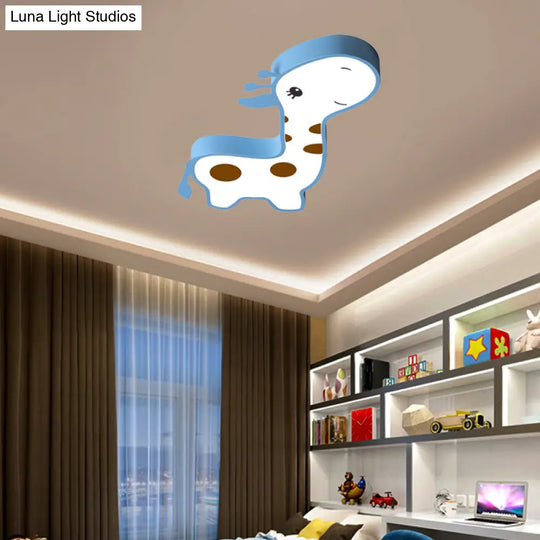 Giraffe Shaped Led Acrylic Flush Mount Lamp In Blue/Pink - Cartoon Style Light Fixture For Bedroom