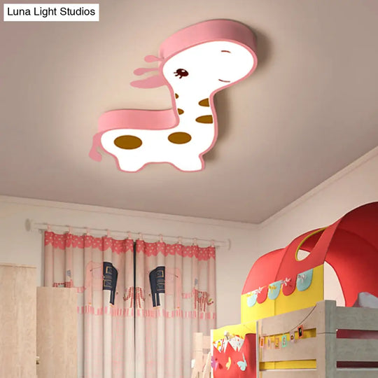 Giraffe Shaped Led Acrylic Flush Mount Lamp In Blue/Pink - Cartoon Style Light Fixture For Bedroom