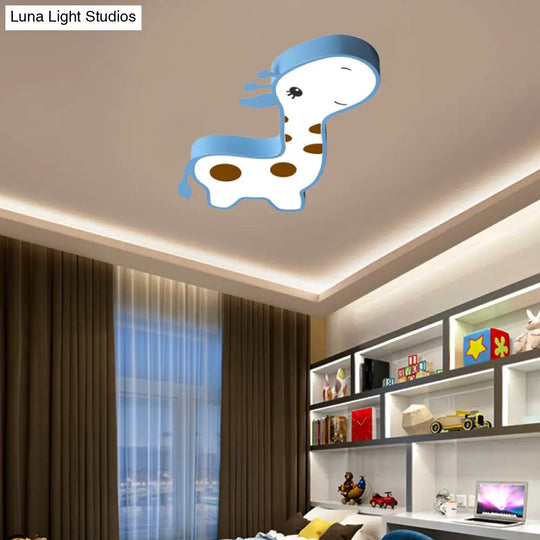 Giraffe Shaped Led Acrylic Flush Mount Lamp In Blue/Pink - Cartoon Style Light Fixture For Bedroom