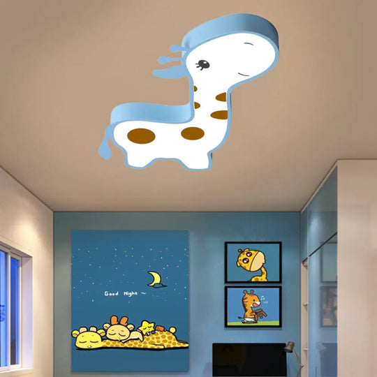 Giraffe Shaped Led Acrylic Flush Mount Lamp In Blue/Pink - Cartoon Style Light Fixture For Bedroom