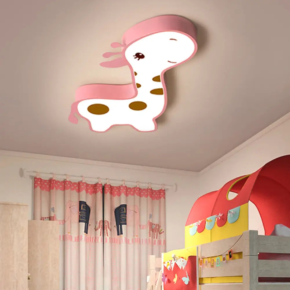 Giraffe Shaped Led Acrylic Flush Mount Lamp In Blue/Pink - Cartoon Style Light Fixture For Bedroom