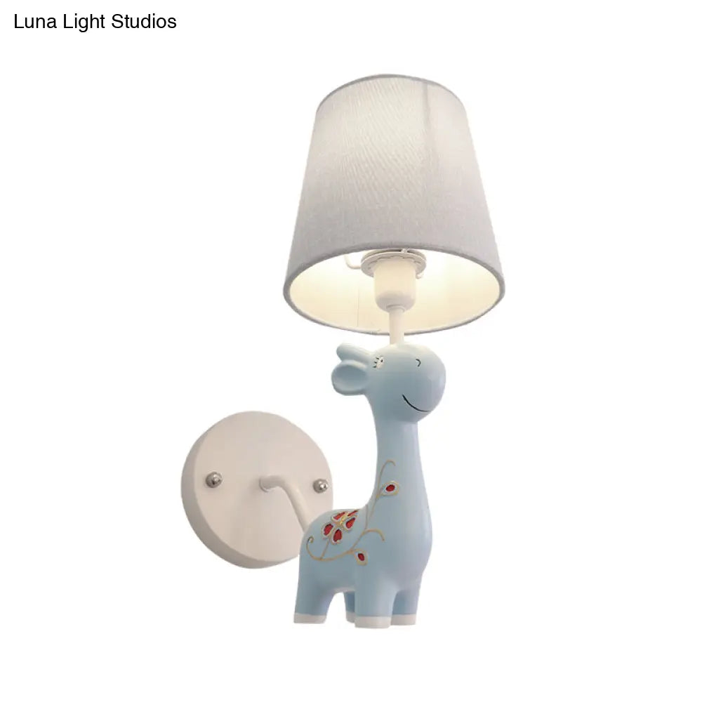 Giraffe Wall Light With Fabric Shade - Animal Themed Resin Sconce For Kids Bedroom Or Kindergarten