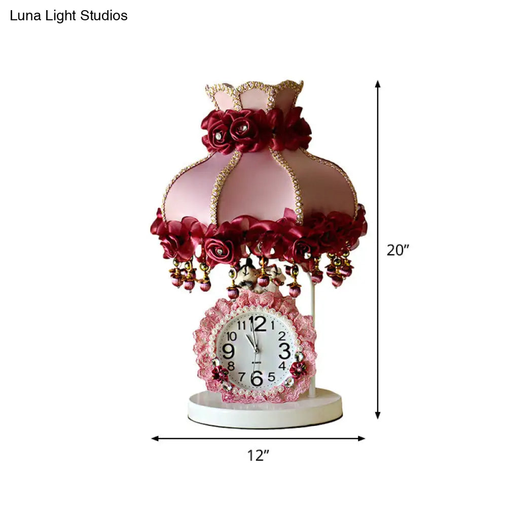 Girls Bedroom Night Light - Purple/Pink Table Lamp With Scalloped Fabric Shade And Clock