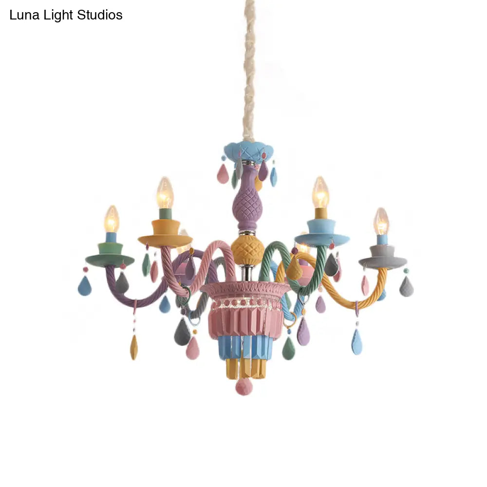 Girls Bedroom Pendant Lighting: Kids Crystal Chandelier With Curved Arm - Pink 3/5/6-Bulb Option