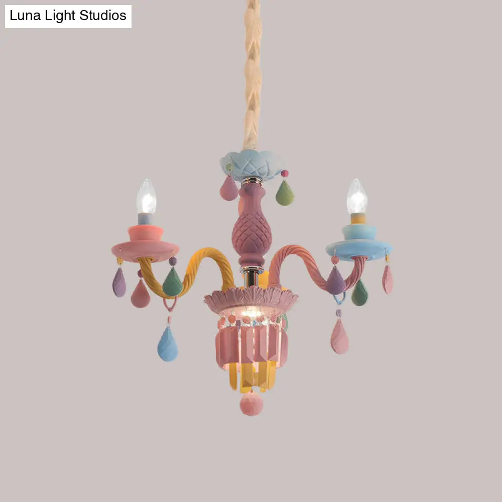 Girls Bedroom Pendant Lighting: Kids Crystal Chandelier With Curved Arm - Pink 3/5/6-Bulb Option